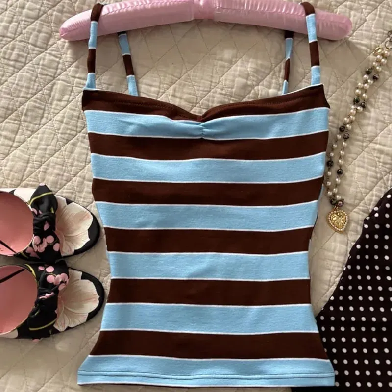 Color Block Stripe Twist Front Spaghetti Strap Cami Top Slim Fit Y2K Sweet Summer Sleeveless Tank Top