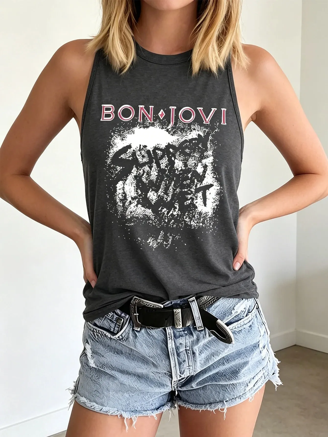 Women's Fashionable Casual Rock Retro Style Band Retro Print Sleeveless Top