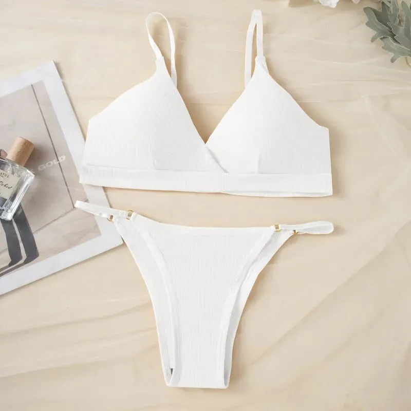 Women Ribbed Triangle Bra And Panties Set Wireless V Neck Thin Strap Bra Low Waist Briefs Ladies Removable Pads Lingerie Set