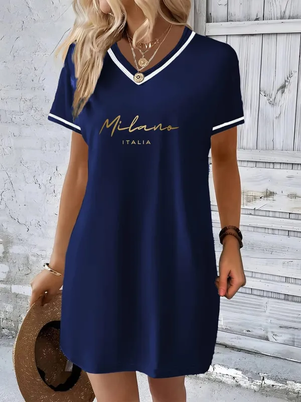 Modieuze bedrukte Amerikaanse casual stijl kleurblok V-hals korte mouwen lange top losse pasvorm casual en afslankende T-shirtjurk geschikt voor lente en zomer woon-werkverkeer en thuiskleding dameskleding