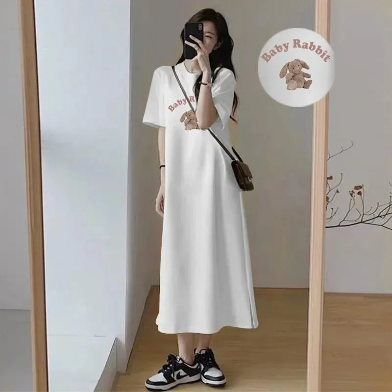 Kawaii Cartoon Rabbit Printed Long Tee Dress Women Loose Short Sleeve Nightdress Soft Breathable Daily Home Wear Pajama Dress
