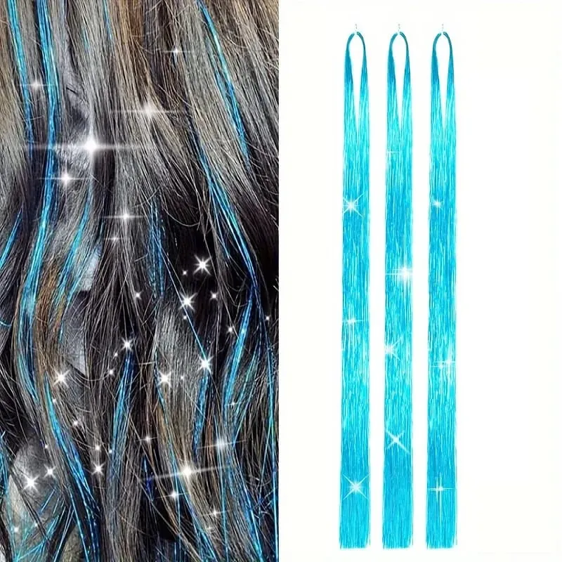 90cm Synthetic 3pcs/set Rainbow Colored Shiny Hair Laser Tinsel Long Straight Heat-Resistant Fairy Hair Extensions Party Daily
