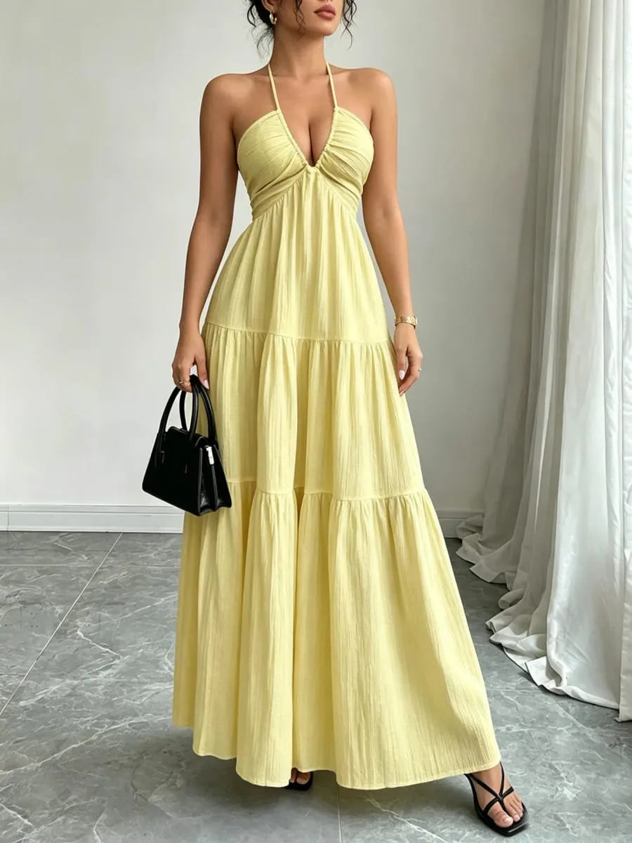 Women Halter Maxi Dress Neck Tiered Gathered Bust Textured Empire Waist Dresses Casual Boho Summer Date Vacation Beach Dress