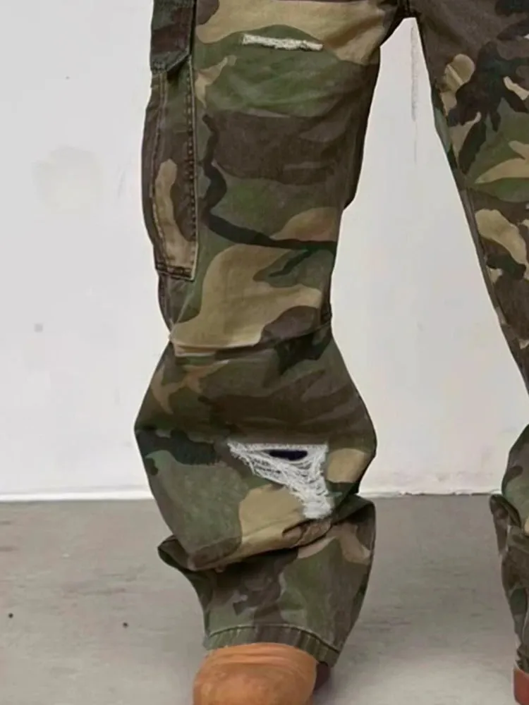 Men's Spring Fashion Casual Jeans Streetwear Camouflage Cargo Pants Distressed Ripped Wide Leg Trendy Daily Wear Loose Trousers