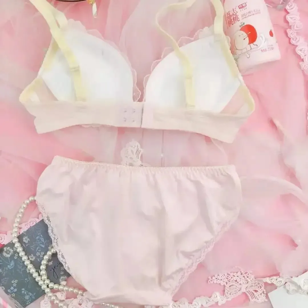 Sweet Lolita Lingerie Set: Floral Lace Applique Push Up Bra & Panty Set Cute Sexy Underwear