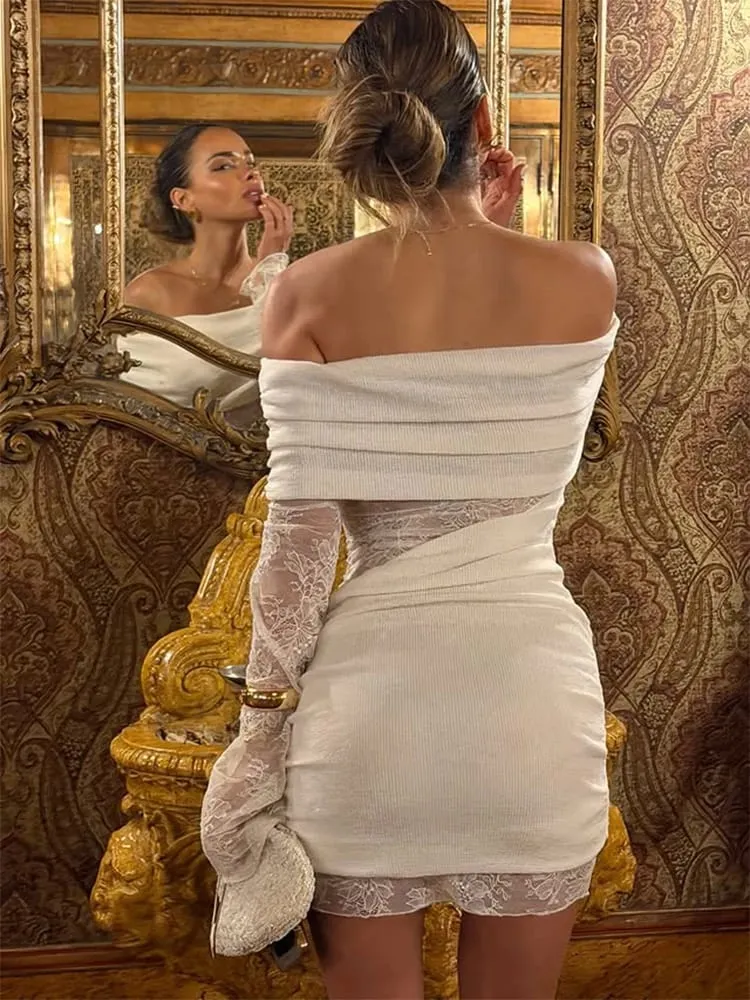 Šikmý výstřih Krajka Patchwork Hip Wrap Dámské Šaty Pochva s dlouhým rukávem Módní party outfity Solidní elegantní Hot Girl Sexy Club
