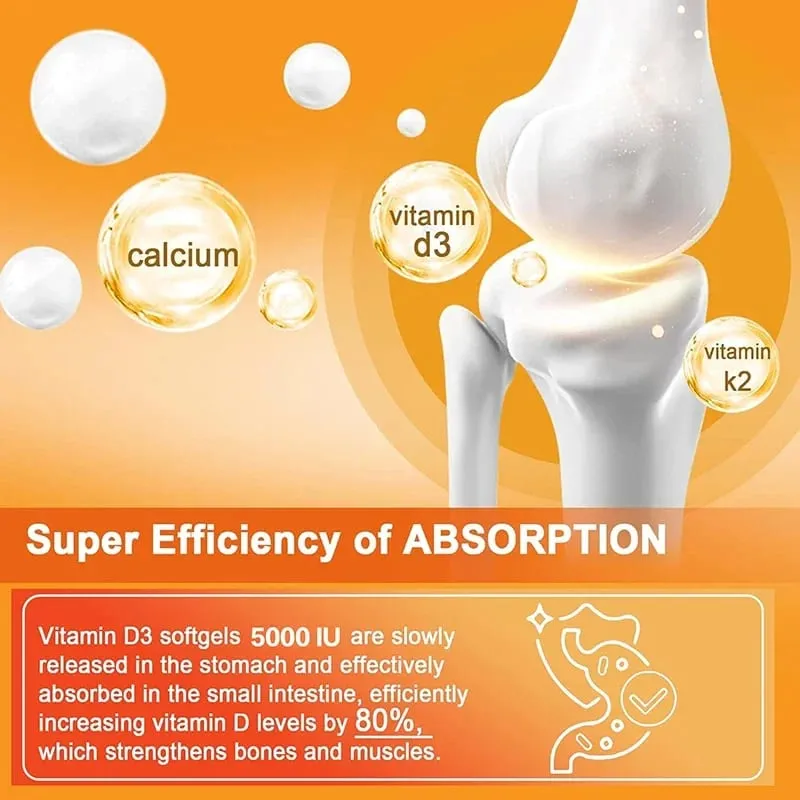 Vitamin D3 + K2 - Immunity Strong Bones Heart Health Joint Health Muscle - Promotes Calcium Absorption Supplement