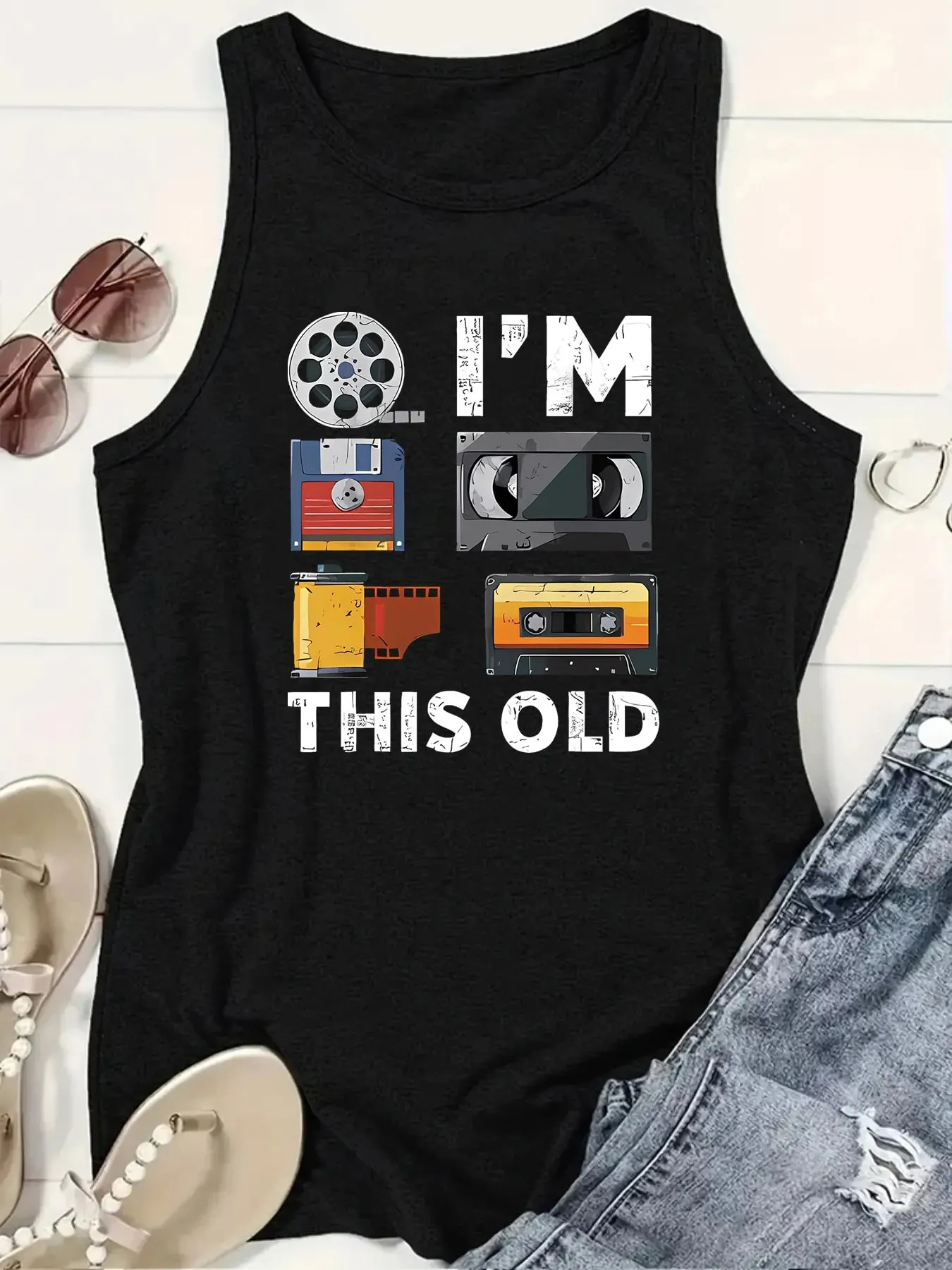 Women's Summer Sleeveless Tank Top Retro Film Tape Cassette "I'm This Old" Letter Print Nostalgic Movie Lover Casual Vest