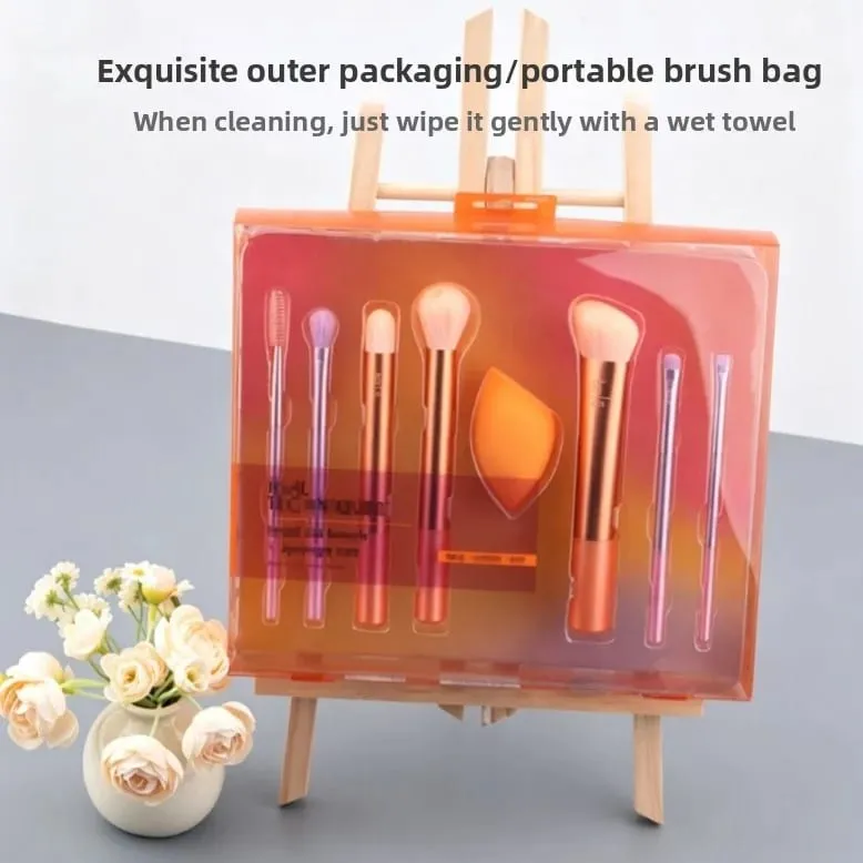 7Pcs R Series Orange Slanted Cut Makeup Brush Set with Beauty Sponge Blender Fluffy Brushes for Foundation Make-up