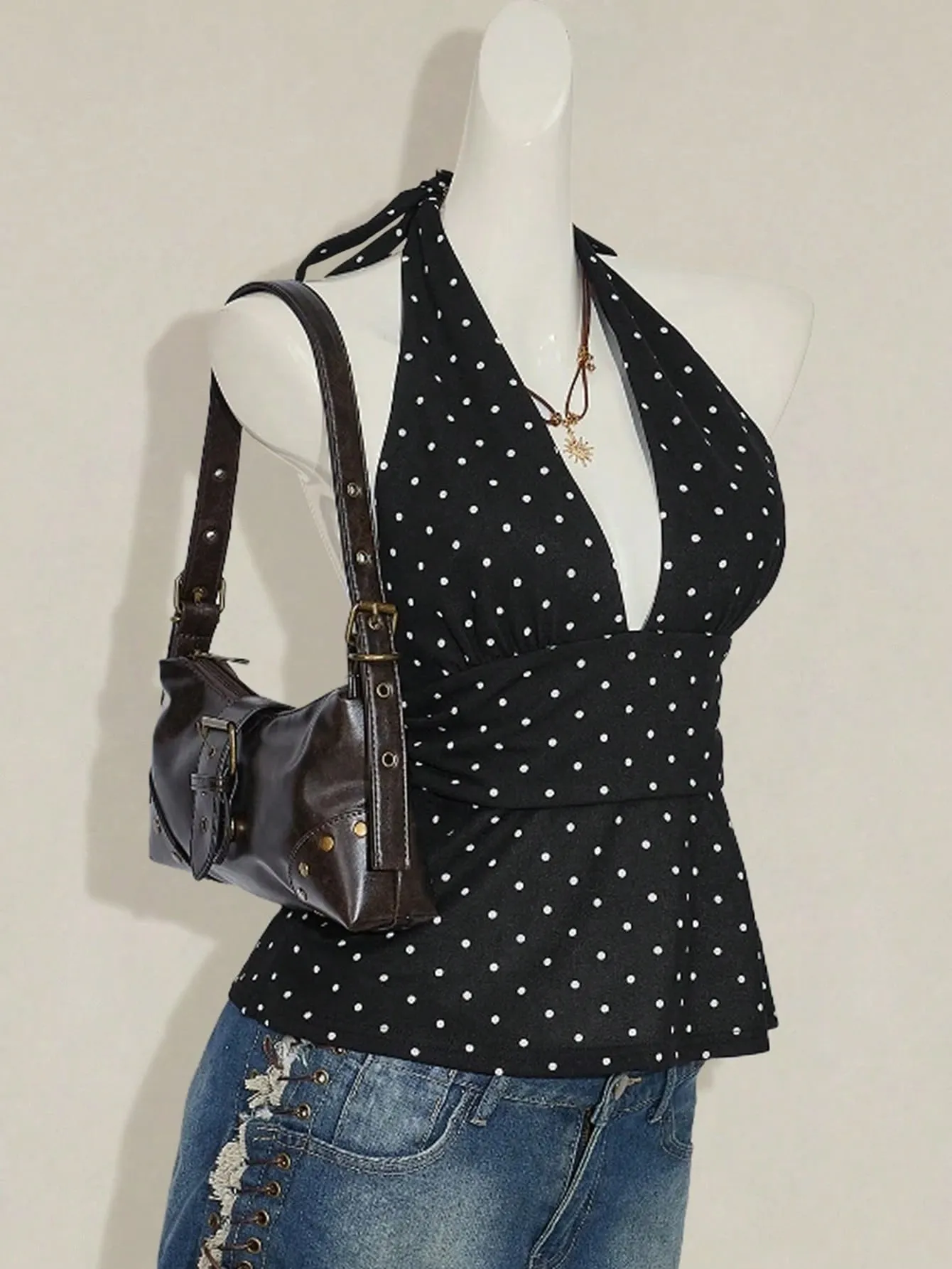 Ladies Polka Dot Backless Strap Top with Waist Pleating Design Adjustable Neck Strap Backless Strap Ladies Shirt
