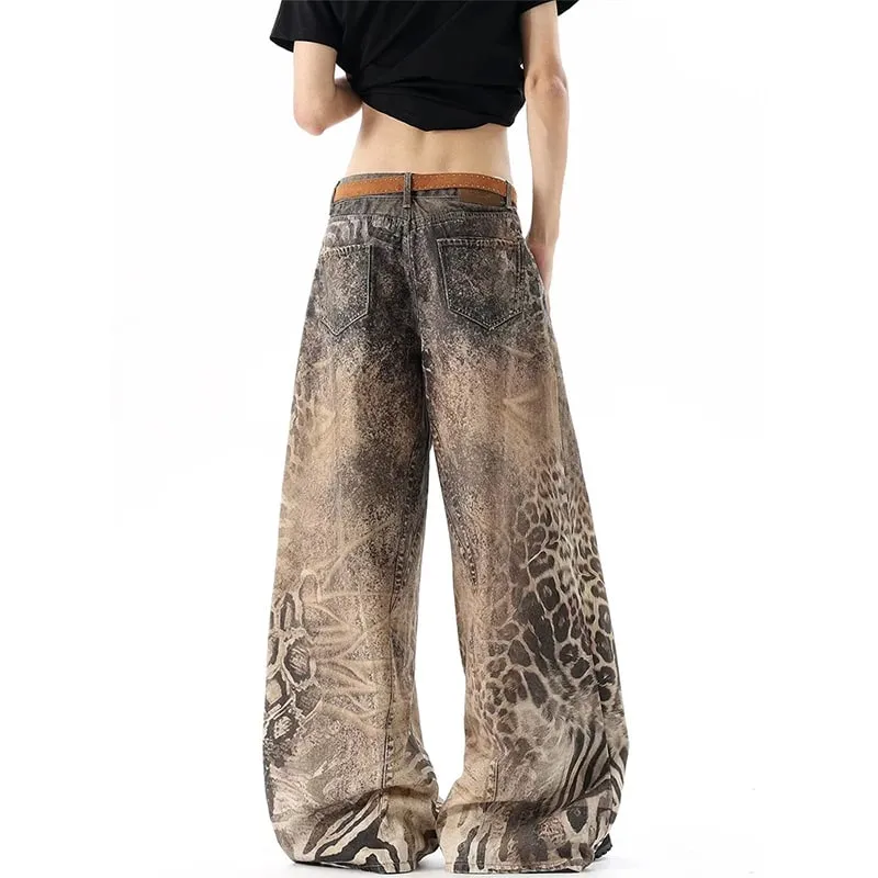 Washed Brown Distressed Leopard Printed Loose Men's Jeans Streetwear Casual Wide Leg Denim Long Pants Summer New — image 6
