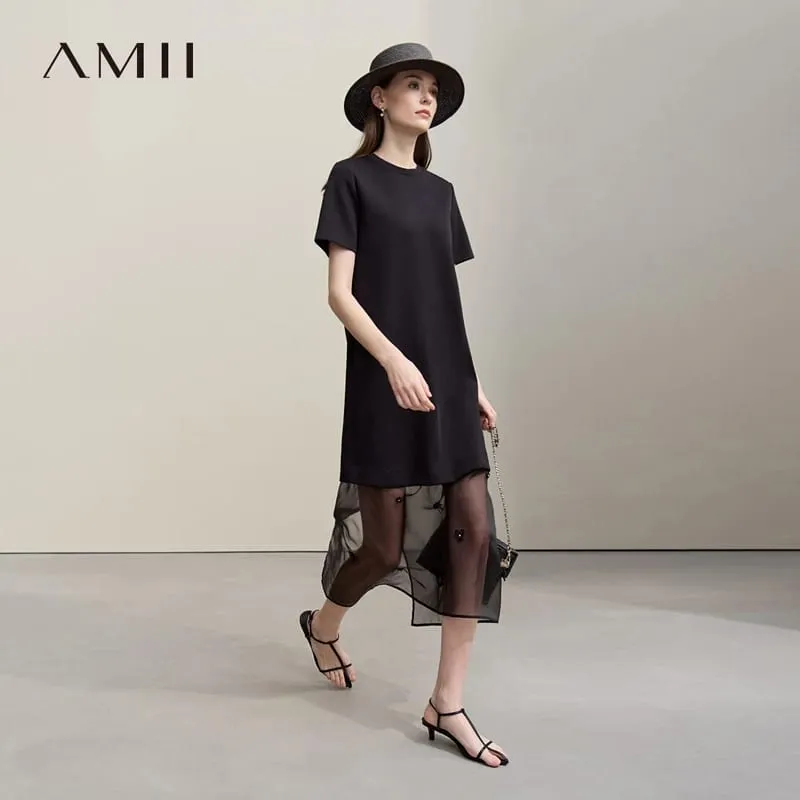 Amii Long Dresses 2026 Autumn New Round Neck Short Sleeve Patchwork Women's Dress Removable Organza Elegant Dress Women 12651024