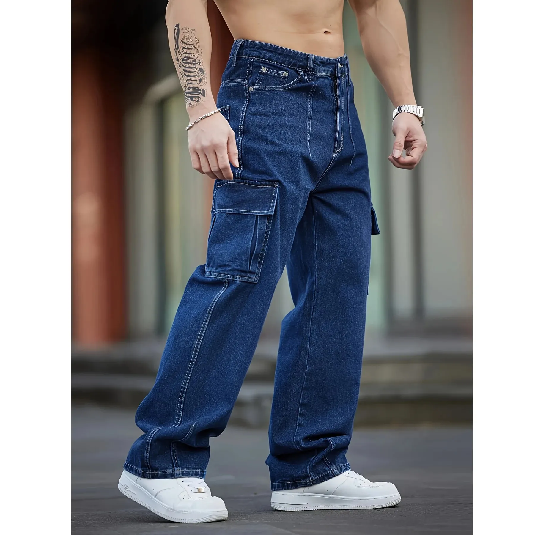 Men Baggy Cargo Jeans Retro Army Style Loose Fit Multi‑Pocket Denim Trousers Men's Casual Daily Outdoor Street Work Pants