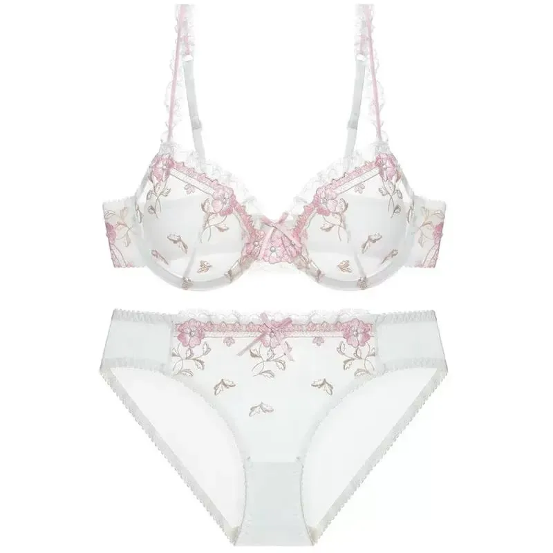 Women French Lace Transparent Lingerie Set Thin No Sponge Bra Anti-Slip Support Large Breasts Small Look Soft Comfort S-xl Set