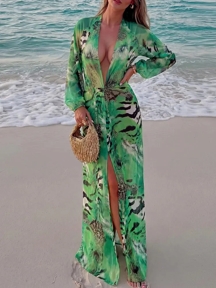Nibber Lantern Sleeve Tiger Stripe Print Long Dress Woman Autumn Trend Deep V-Neck Sexy Backless Beach Party Elegant Vestidos