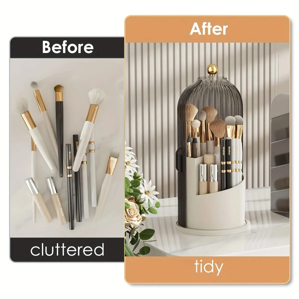 360° Rotating Makeup Brush Holder with Dustproof Cover Luxury Cosmetic Organizer Large Capacity Makeup Storage for Brushes