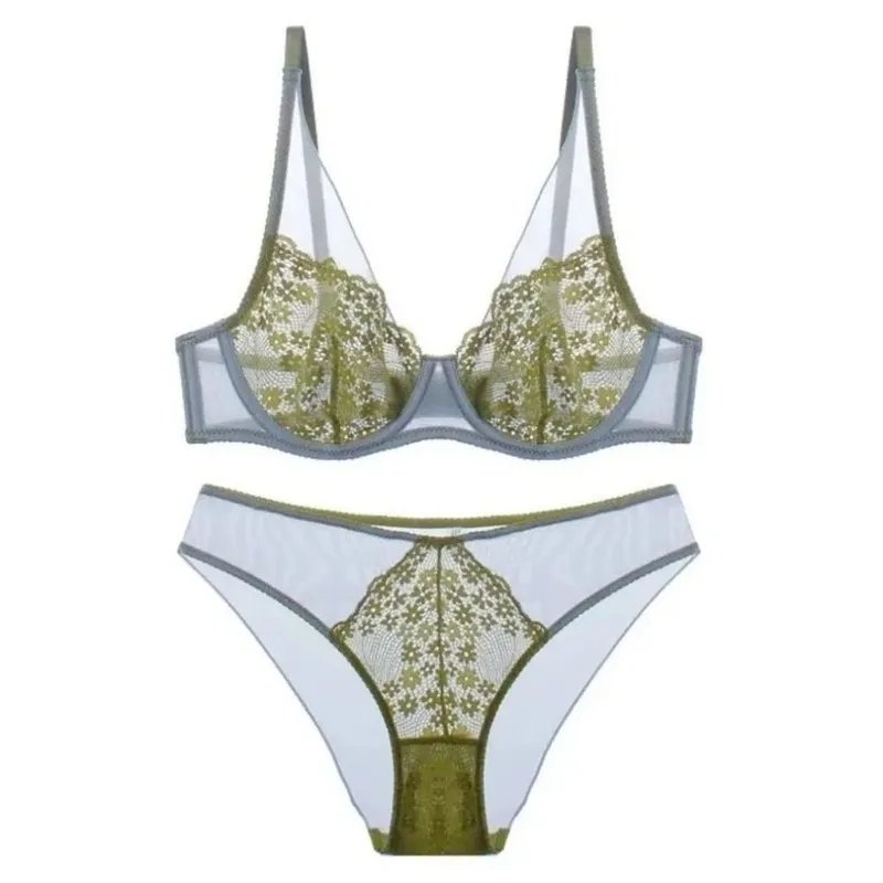 Sweet Mesh Lace Flower Bra Set Lingerie Brassiere Mesh Bra Panties Kit Thin Seamless Push Up Bra Women Lady