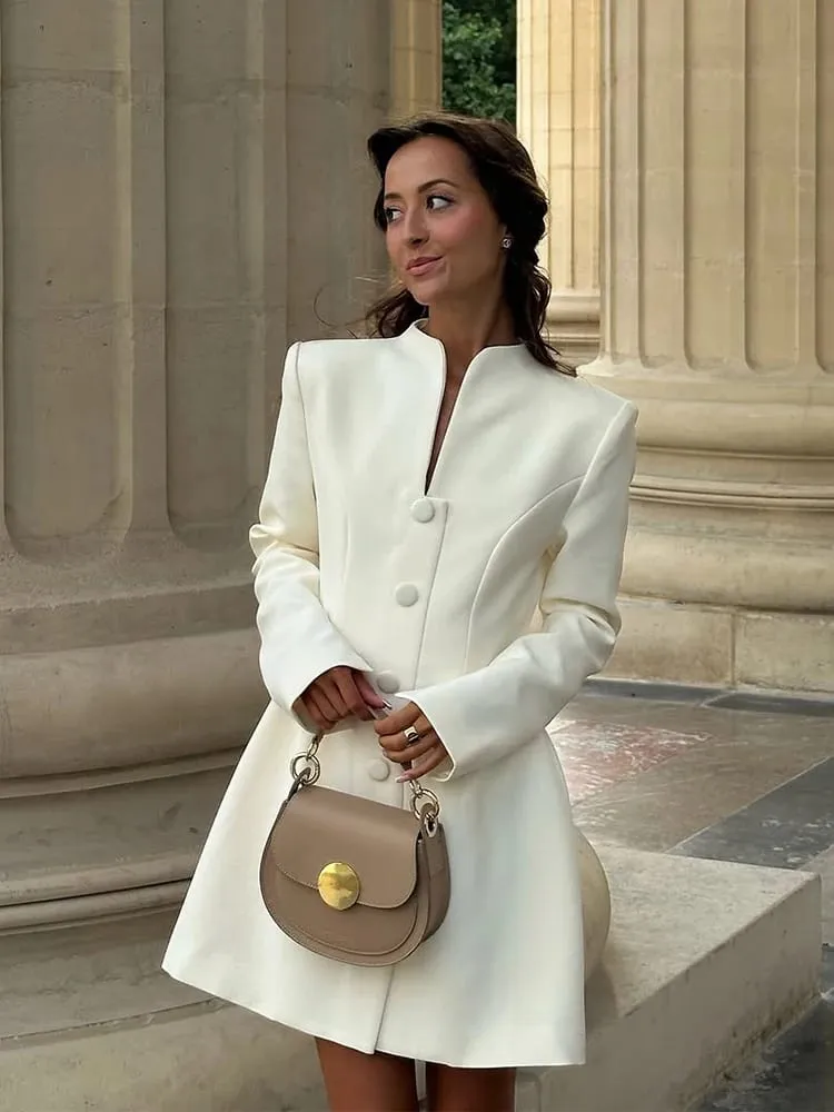 Solid Single-breasted A-lijn Mini-jurk 2026 Elegante vrouwen V-kraag Volledige mouw Hoge Taille Vestidos Lady Pendelen Straat jassen