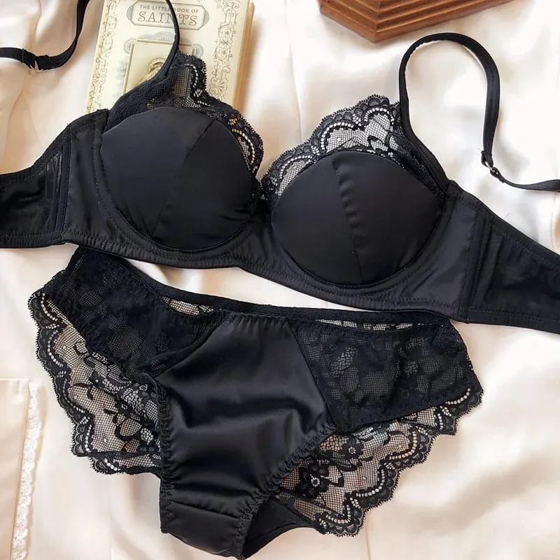 Lace satin thin section of large breasts show small gathered lingerie soft steel ring underwear set women sweet bra