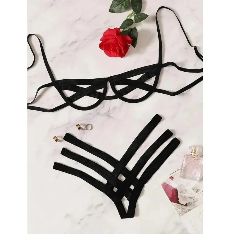 Ensemble de Lingerie harnais de Bondage pour femmes, soutien-gorge élastique ajouré, soutien-gorge Cage sans bonnet noir, string, sous-vêtements exotiques intimes Sexy