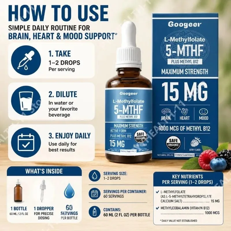 Googeer L-Methylfolate 5-MTHF Liquid Drops with Methyl B12 15mg 1000mcg Maximum Strength Heart Brain Mood Support 60ml