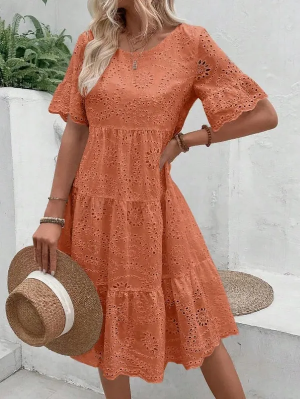 Women's White Eyelet Embroidery Midi Dress Hollow-out Boho Flowy Ruffle Tiered Dress Casual Short Sleeve Summer Beach Dresses