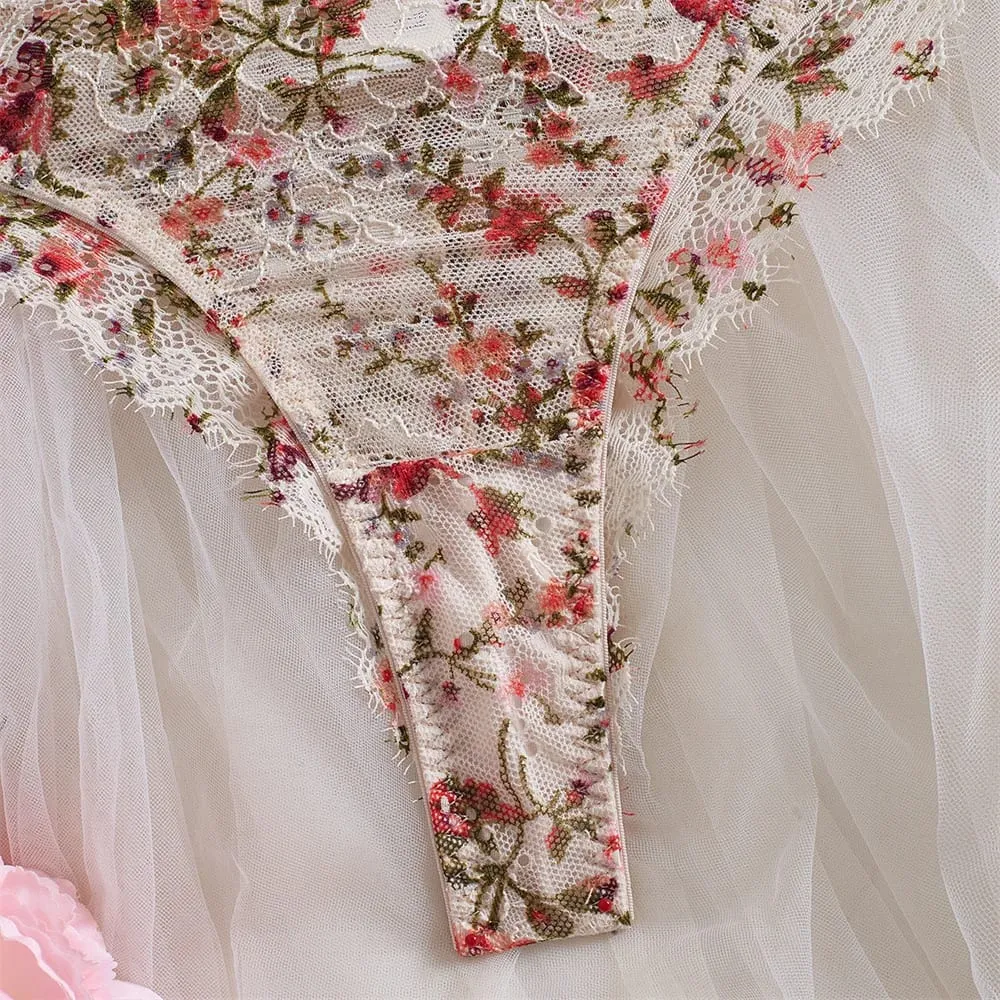 Krasapt francês flor bordado lingerie 2 peças conjuntos de renda extravagante retalhos ver através de sutiãs e calcinhas ternos sexy roupas eróticas