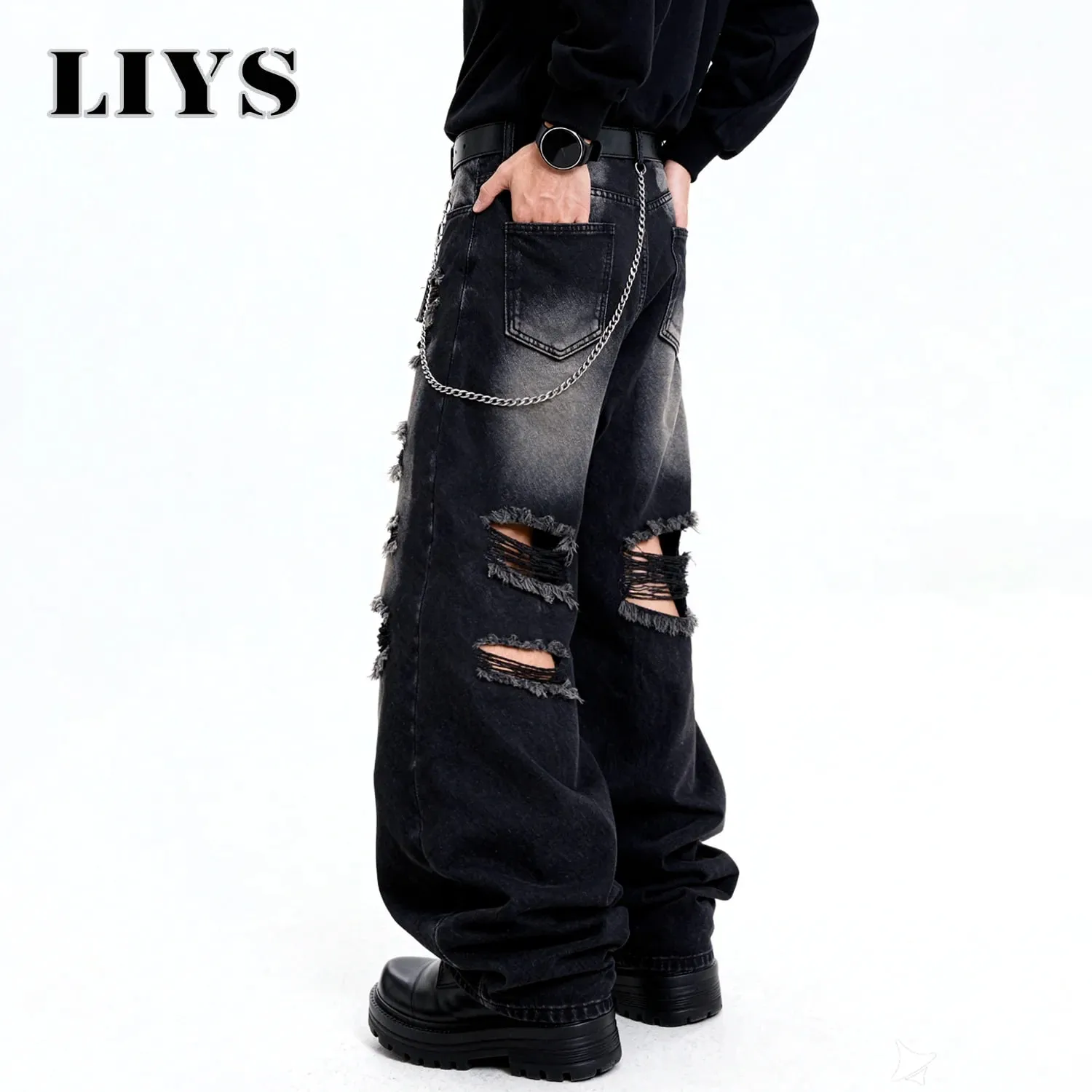 American Street Retro Men's Black Baggy Wide Leg Ripped Jeans Gothic Tear Style Unisex Loose Straight Leg Denim Pants Clothes
