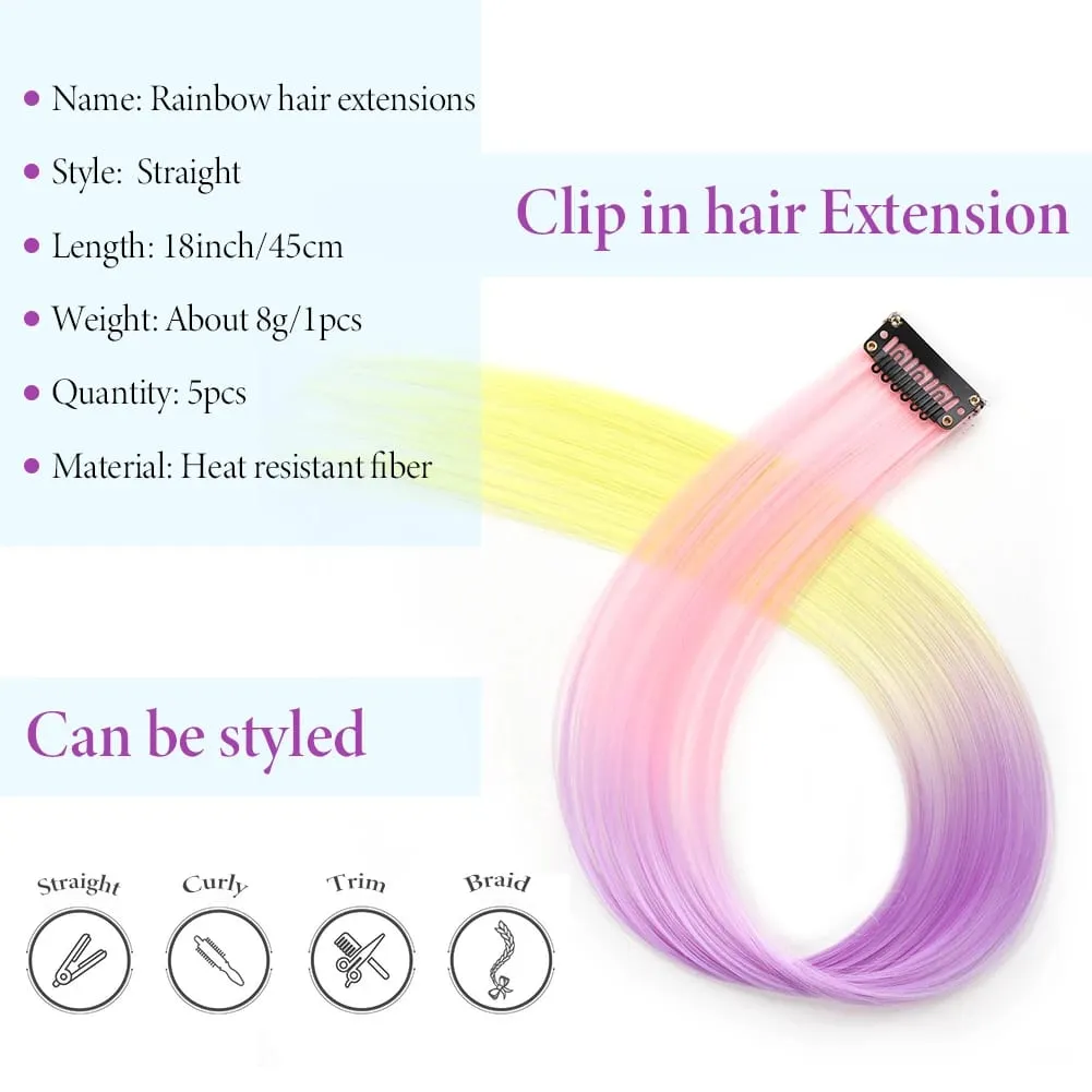 Extensions de cheveux synthétiques à clips, postiches colorées à reflets de fête pour filles, cheveux lisses multicolores de 18 pouces, 5 pièces/ensemble