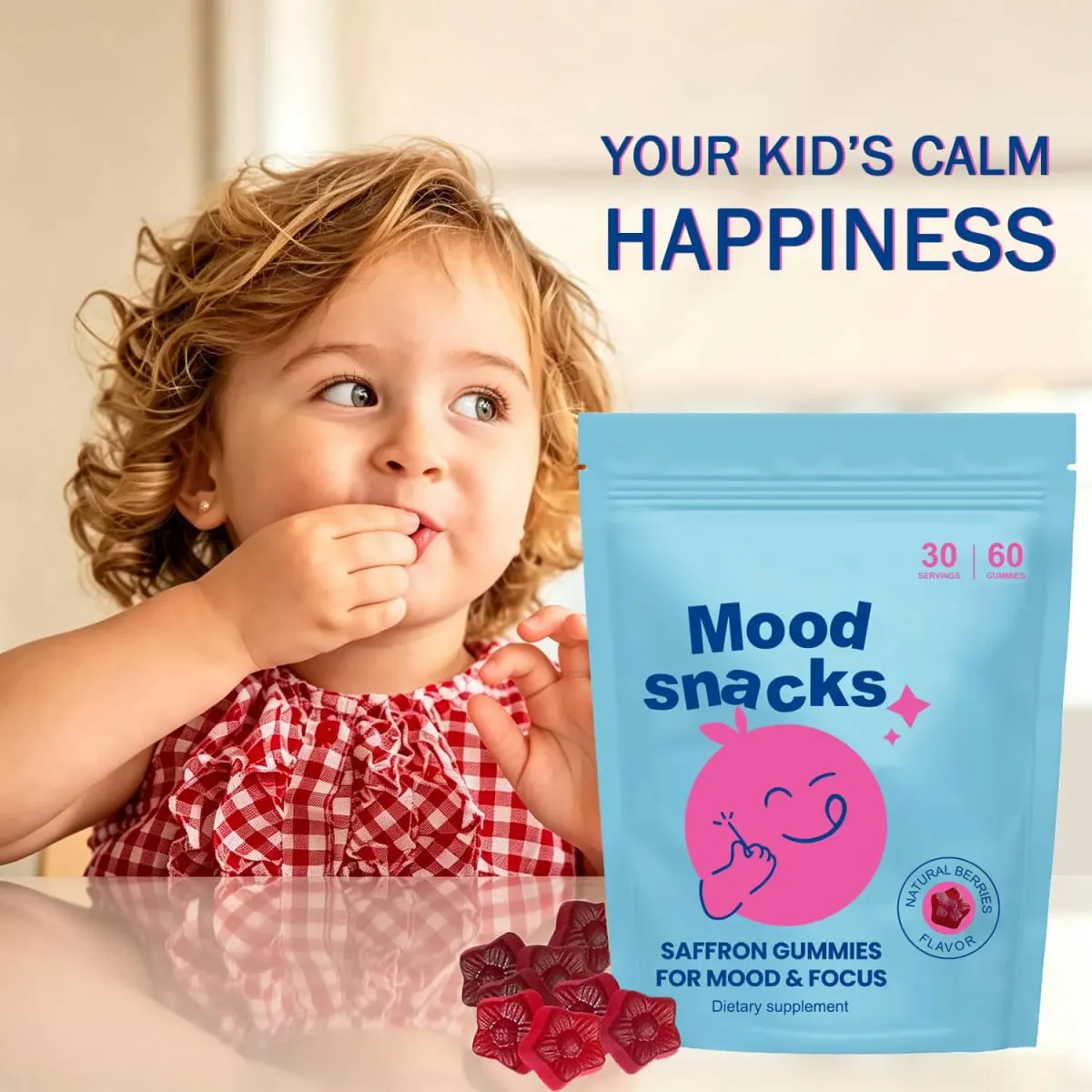 Mood Snacks - Kids Saffron Gummies Natural Berries Supplements Nag-aalok ng Mood Support at Nakakapagpakalma ng Temper Tantrums Sugar Free Gummies