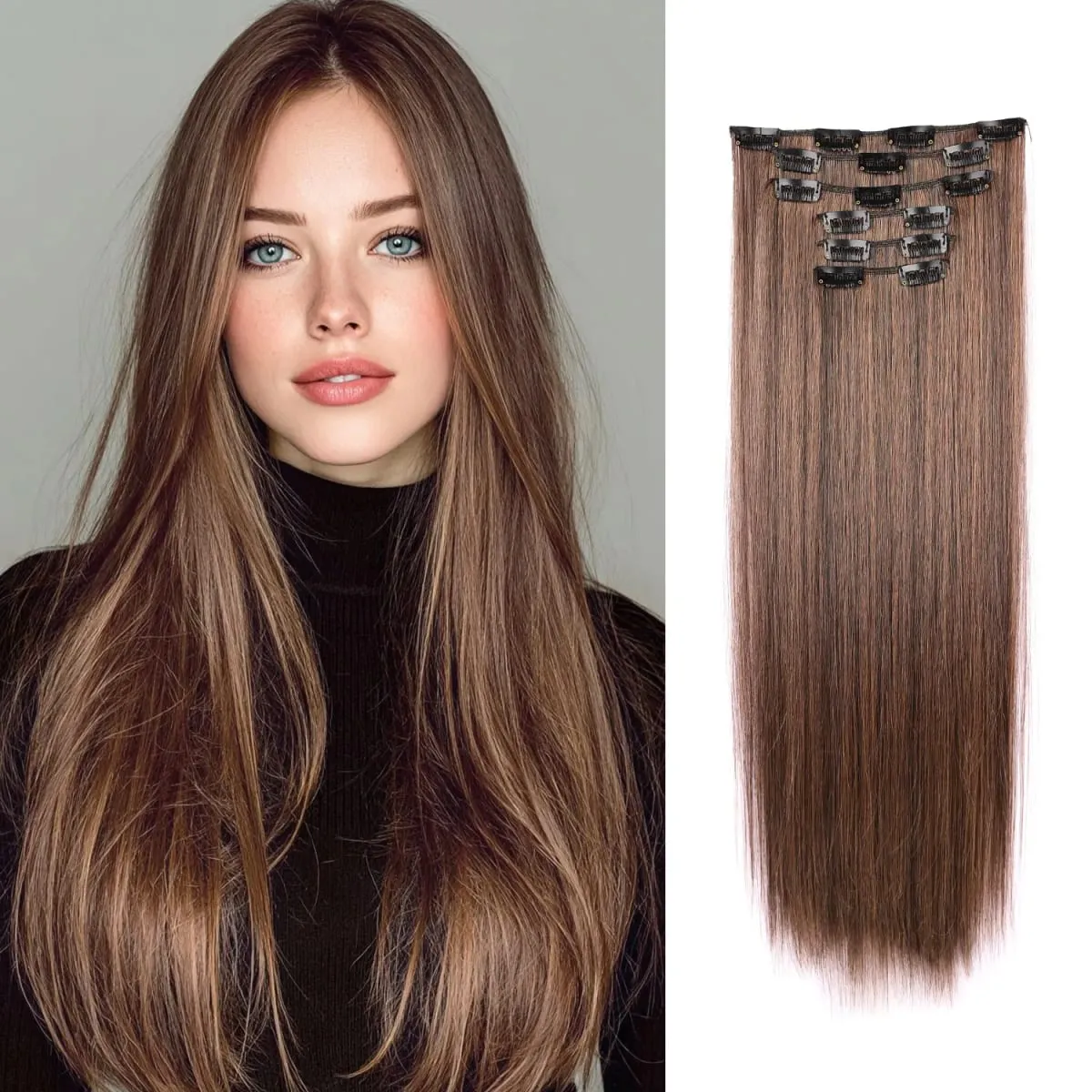 Synthetic Clip in Hair Extensions Clip in 6pcs set Straight Hair 22inch Thick Hairpieces for Women Girls Daily Party