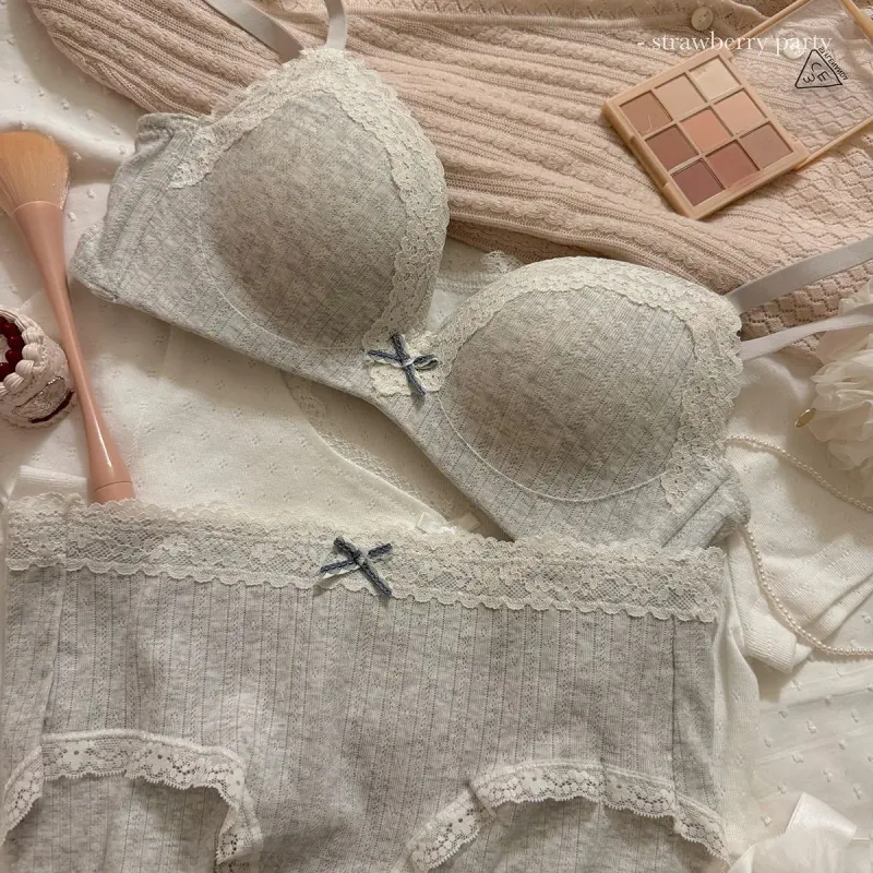 New Bra: Sweet Fashionable And Feminine Lace-Trimmed Floral Lingerie Set for Women with Small Busts—push-Up Wire-Free Bra Set