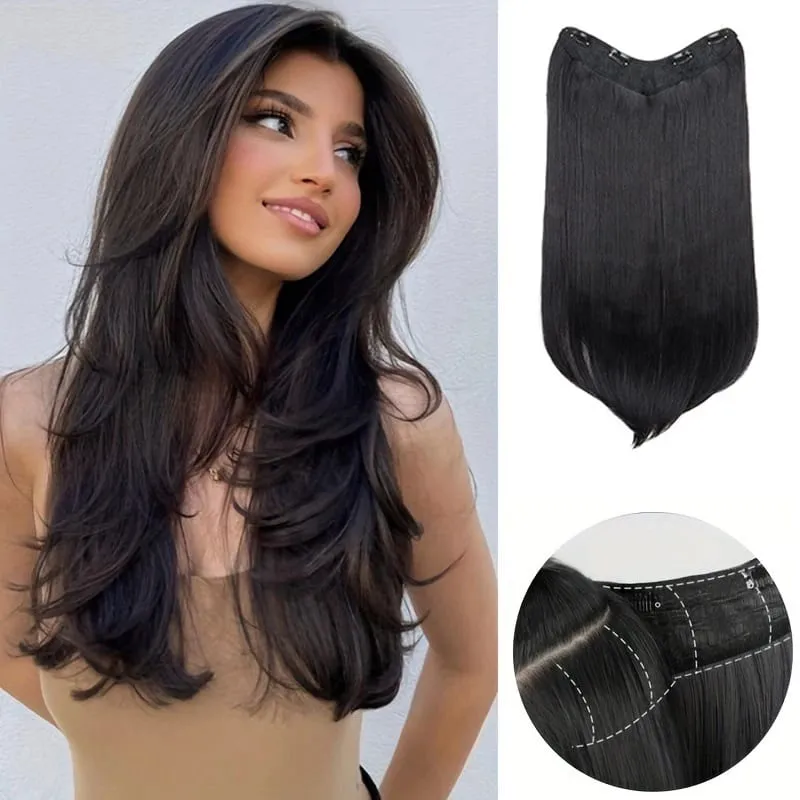 22 Inch U Shape One Piece Hair Extensions Long Layered Inward Curly Synthetic Wig Invisible Seamless Hairpiece For Women Daily W