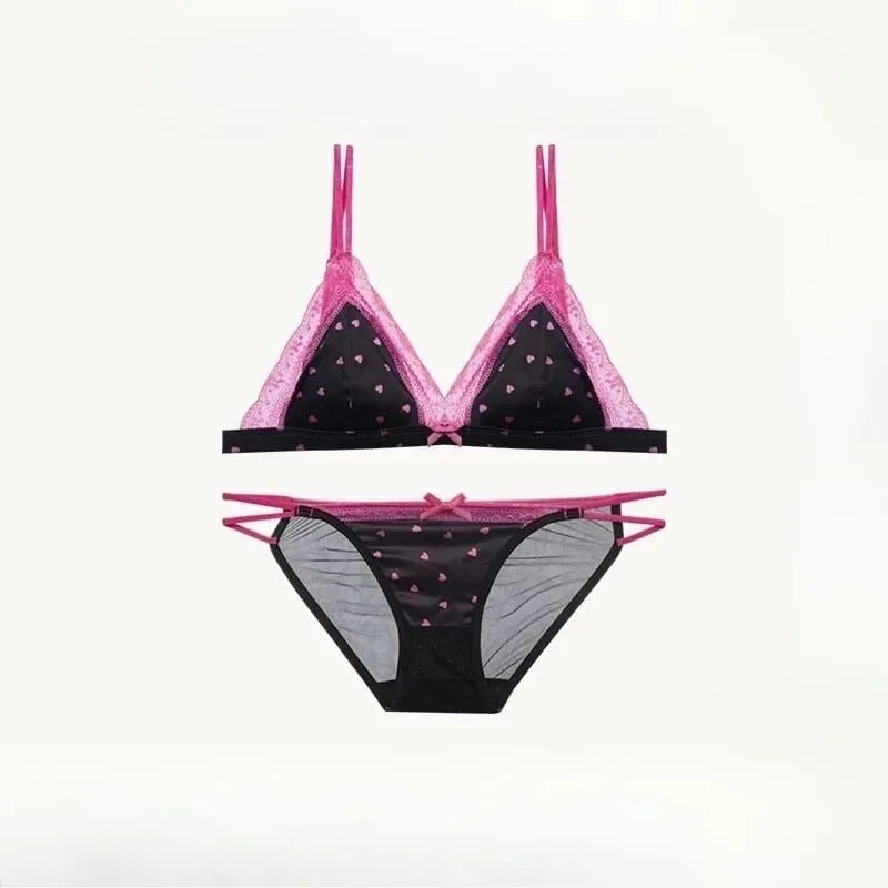 French Style Triangle Cup Satin Lace Lingerie Set Wireless Small Bust Gathered Thin Soft Fabric Sexy Daily Underwear S-XL Suit