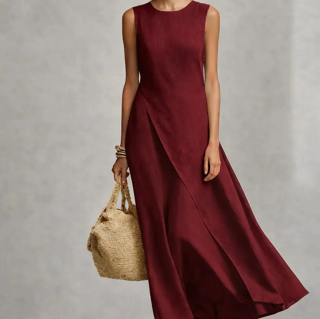 Womens New O Neck Loose Maxi Dress Casual Asymmetrical Hem Long Dresses Elegant Sleeveless Summer Beach Vacation Sundress Female