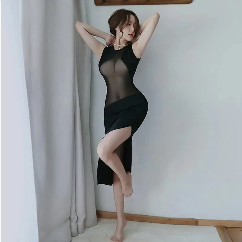 Seksowna bielizna sukienka cienka perspektywa rozrywana obcisła i głęboka V-odsłaniająca seksowna długa spódnica damska eleganckie sukienki Sex shop xxx