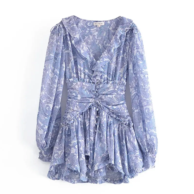 Blue Floral Print Chiffon Mini Dress Women Wood Ears Ruffles V Neck Open Buttons Slim Ruched Waist Long Sleeve Holiday Robe — image 3