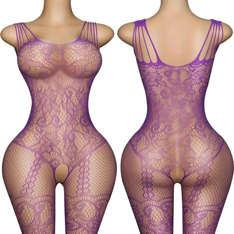 Black Fishnet Off-Shoulder Open-Crotch Bodystocking Lingerie Set Sexy Crotchless Teddy Bra Women's Erotic Underwear