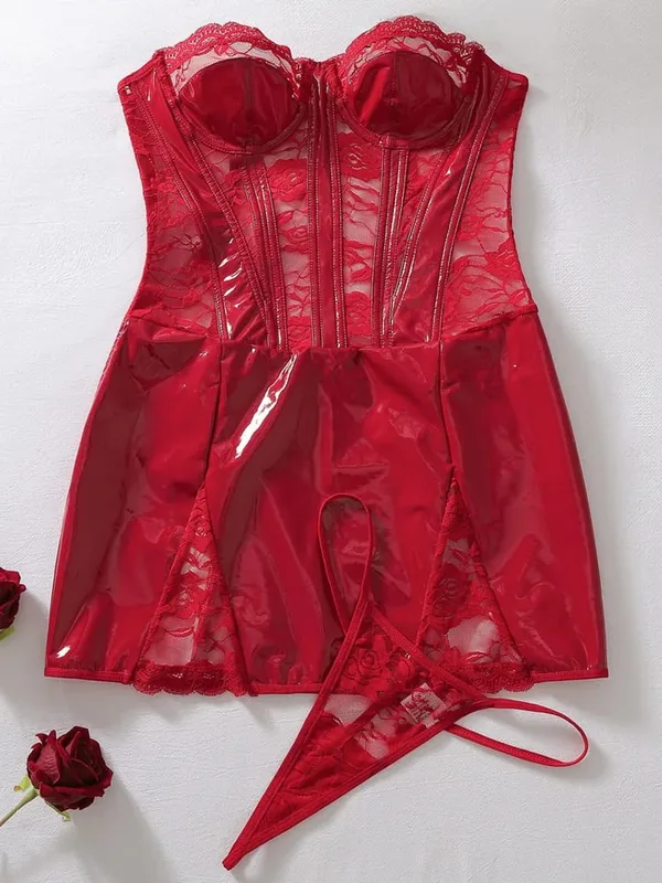Belamimi Women Floral Lace PU Splice Slim Waist Shaping Lingerie Dress With Thong Sexy Bodycon Nightclub Sleepwear Mini Dress