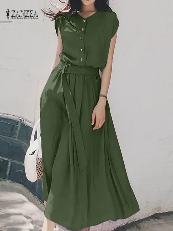 2025 ZANZEA Frauen Mode Kurzarm Kleid Sommer Elegante Party Vestidos Casual Mid-kalb Sommerkleid Femme Vintage OL Robe kaftan