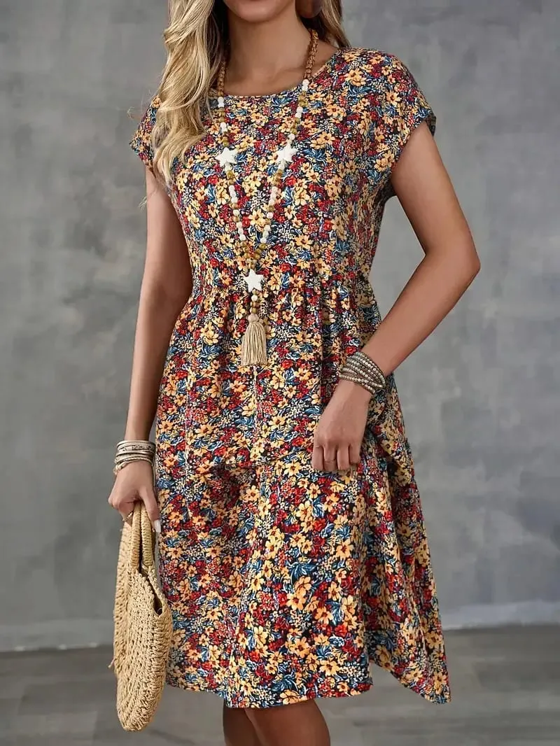 Women's Summer Floral Print Short-Sleeved Round Neck Dress Casual Loose Vacation Style Dress