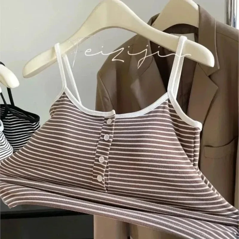 Integrated Stripe Women's Vest Inner Wear Outer Wear Button Fixed Cup No Bra Sports Top Short Style Cotton 100% Short Vest