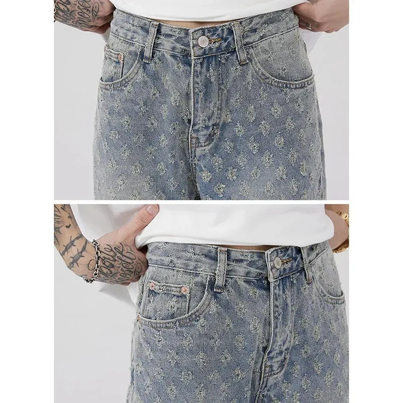Nam Phong Cách Mỹ Vintage Dệt Hoa Thiết Kế Quần Jean Thời Trang Nam Mùa Hè Mỏng Hàng Ngày Thường Ngày Denim Quần Rời Ống Suông Quần