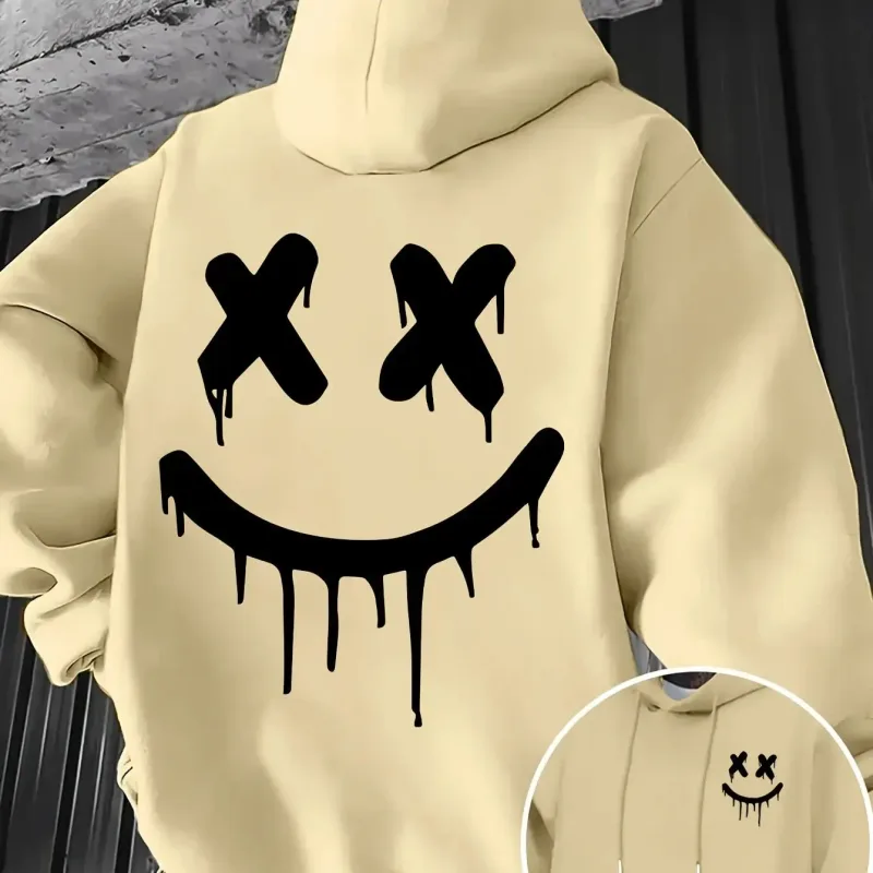 Smiley face print men's and women's autumn winter trendy printed hooded fleece sweatshirt front back casual hoodie