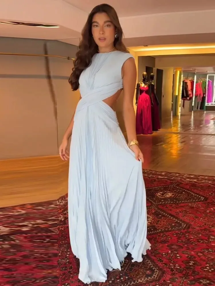 Hollow-out Pleated Maxi Dresses Women's Sleeveless Backless Waist-cinching O-neck Dress 2026 New Ladies Summer Vacation Outfit