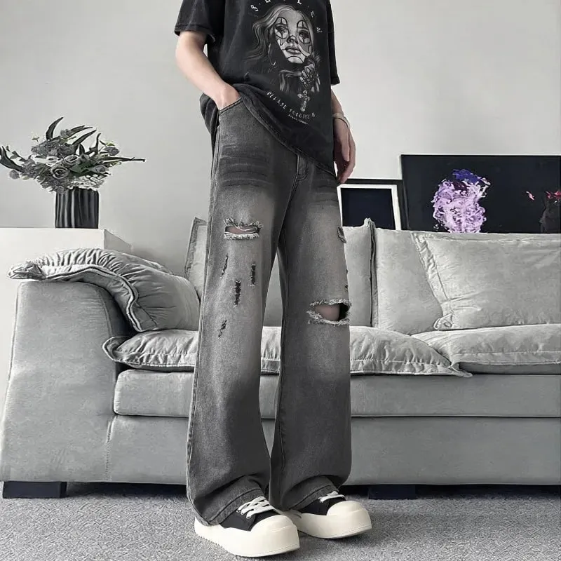 Summer Men's Distressed Denim Pants 2026 New Gray Washed Ripped Loose Straight Leg Casual Streetwear Jeans