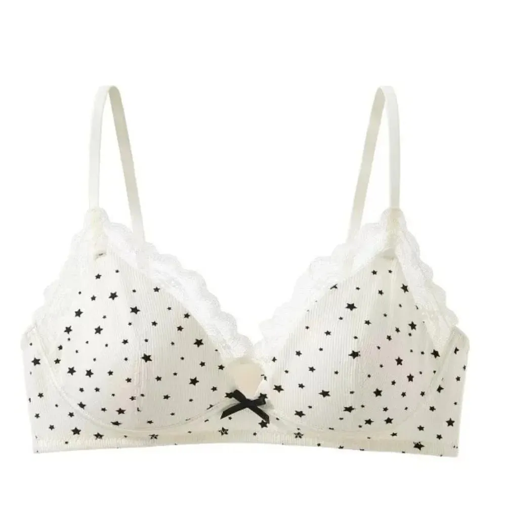 Womens Polka Dot Star Lace Wireless Bra Thin Push Up Anti Sag Bralette Small Chest Lift Teen Girls Casual Everyday Brassiere Hot