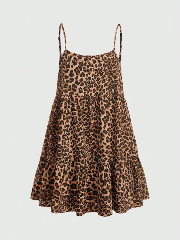 Ladies Leopard Print Halter Dress with Adjustable Straps Vintage Sexy Style Padded Gauze Skirt Fashionable And Versatile