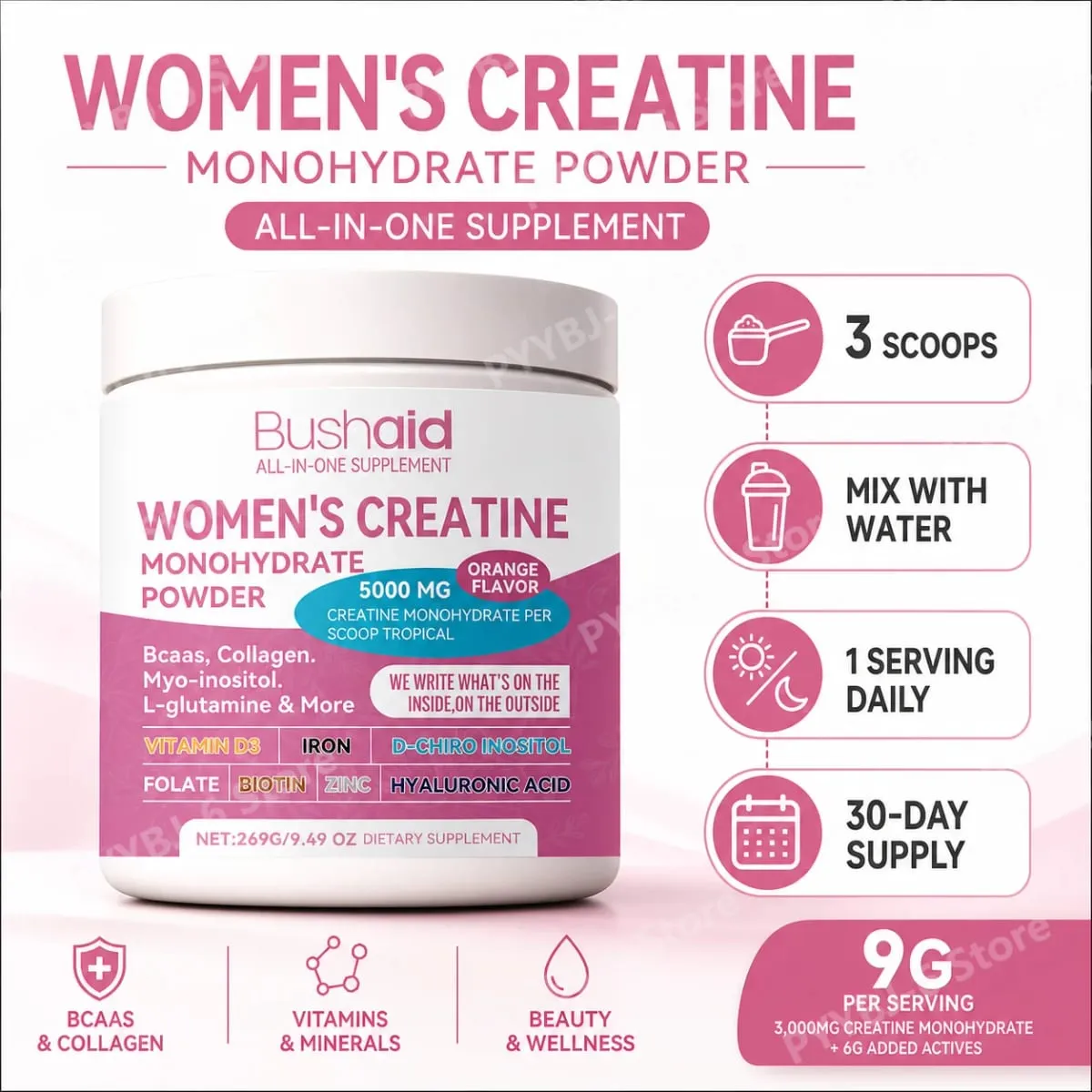 BushAid Women's Creatine Monohydrate Powder 5000mg 269G Orange Flavor with BCAA Muscle Strength Workout Support 30 Servings