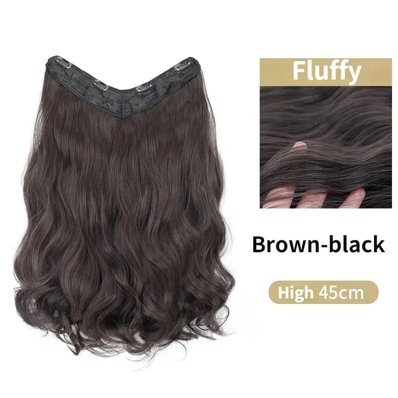 22Inch Synthetic Long Curly Hair Extension 4 Clips V-shape Natural Brown Black Hairpiece for Women